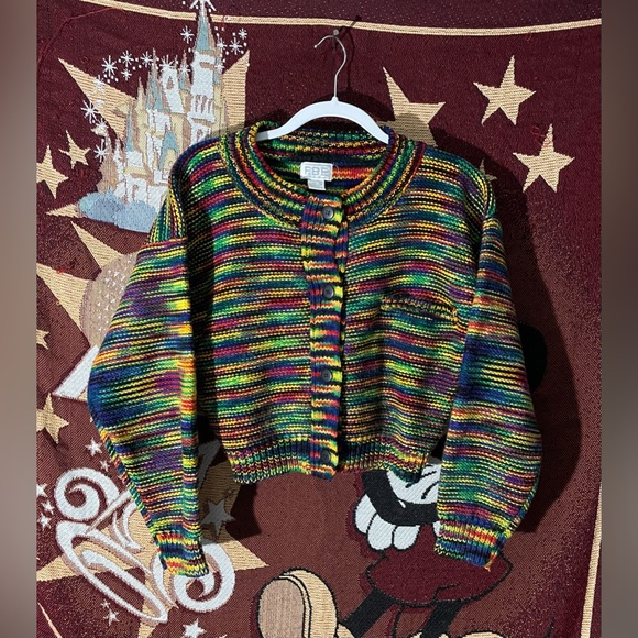 Vintage 90s FABE Psychedelic Rainbow Knit Cardigan Sweater Large Multicolor - Picture 1 of 6